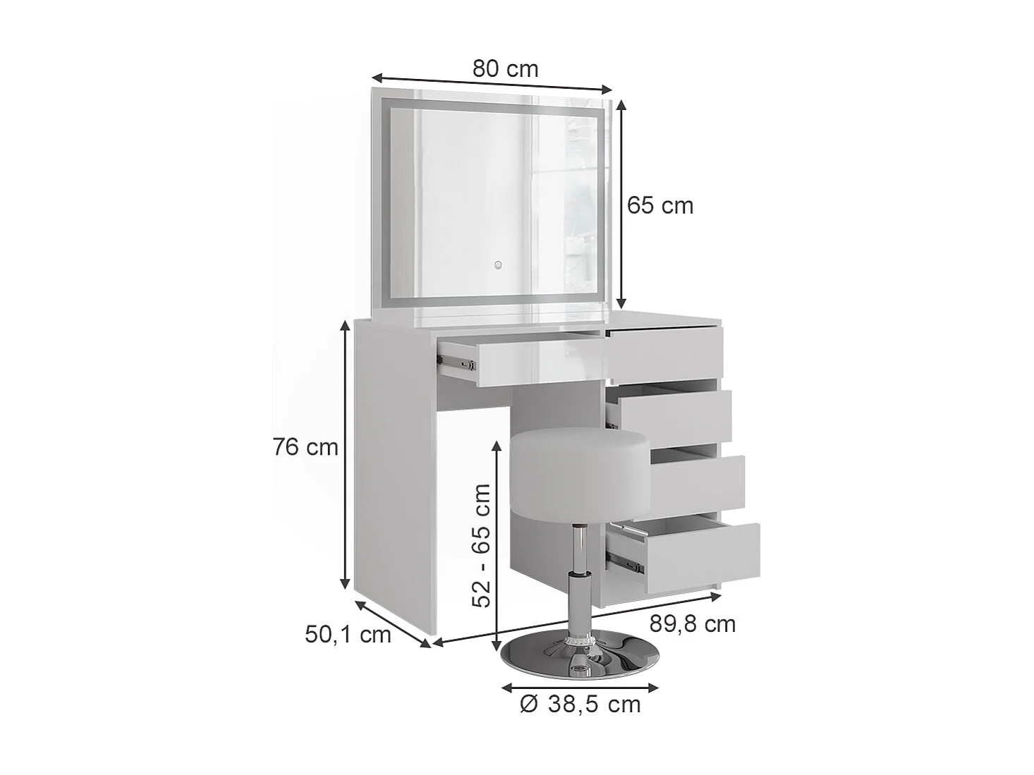 Schminktisch weiß/weiß hochglanz 89.8x50.1x76 sherry