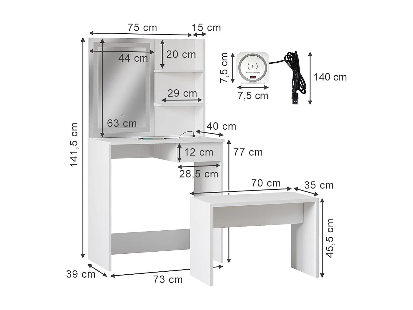 Coiffeuse blanc 75x40x141.5 dekos