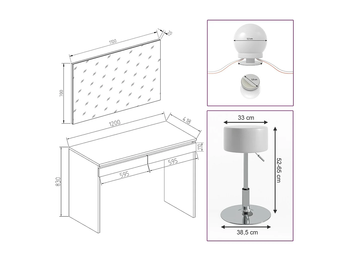 Coiffeuse blanc 120x41.8x83 emma