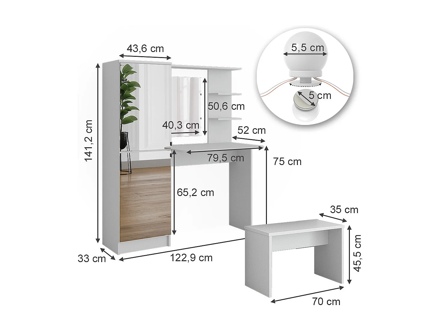 coiffeuse  blanc 123x33x141.2 jasmin