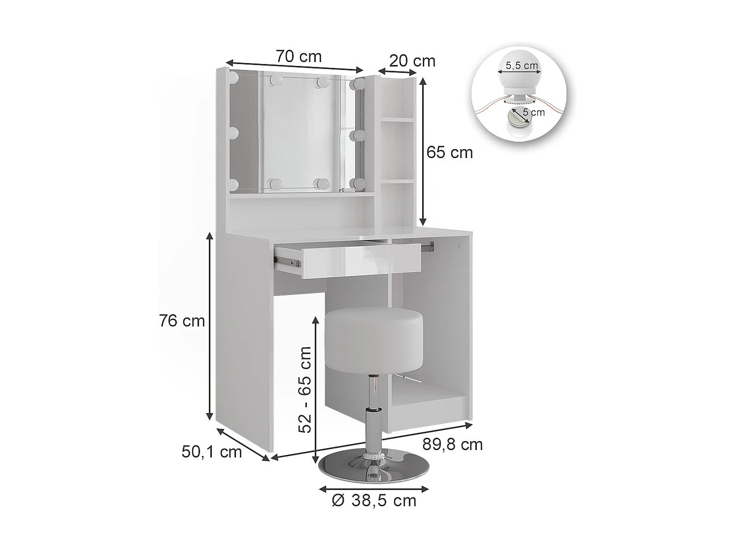 Kaptafel set met kruk wit/wit hoogglans 89.8x50.1x76 sherry