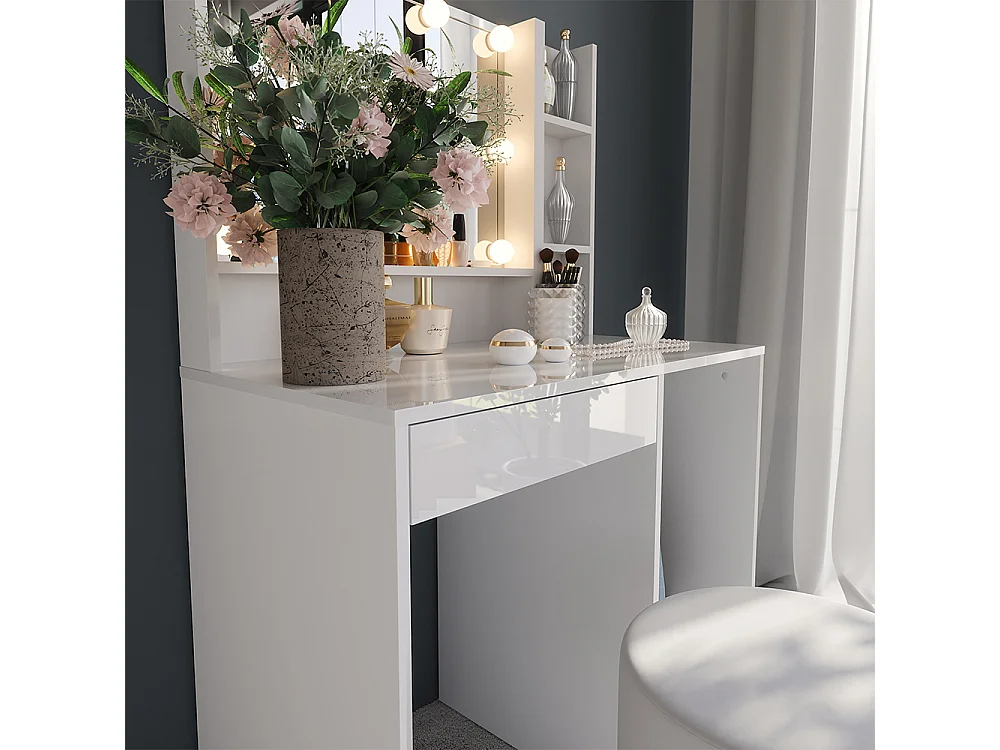 Kaptafel set met kruk wit/wit hoogglans 89.8x50.1x76 sherry