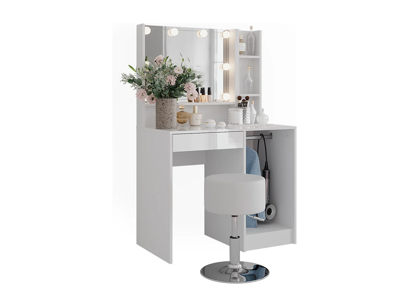 Kaptafel set met kruk wit/wit hoogglans 89.8x50.1x76 sherry