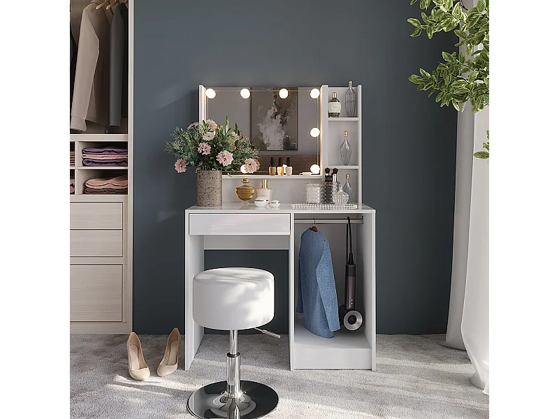 Kaptafel set met kruk wit/wit hoogglans 89.8x50.1x76 sherry