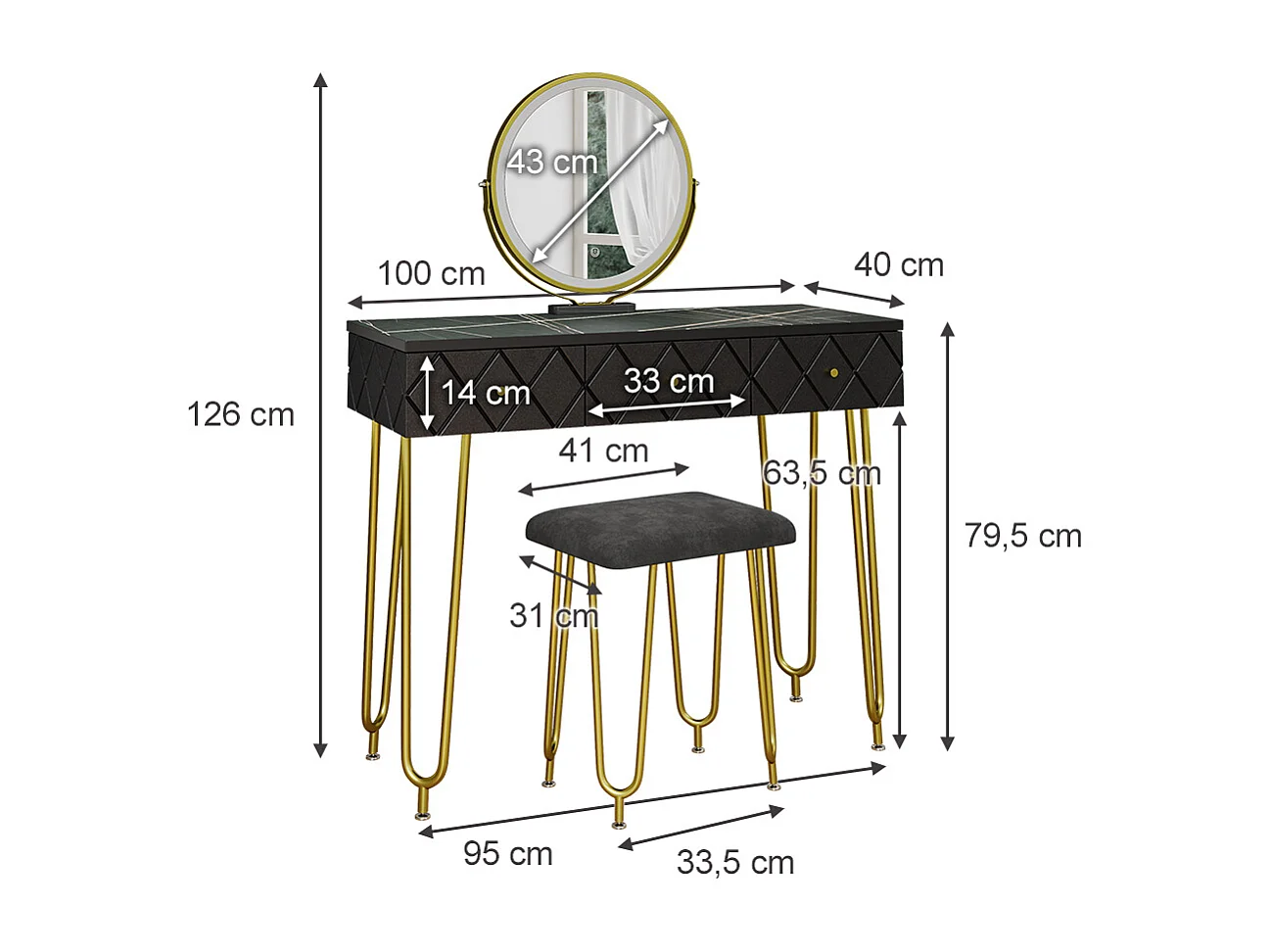 Stół do toalety czarny 100x40x79.5 mirabell