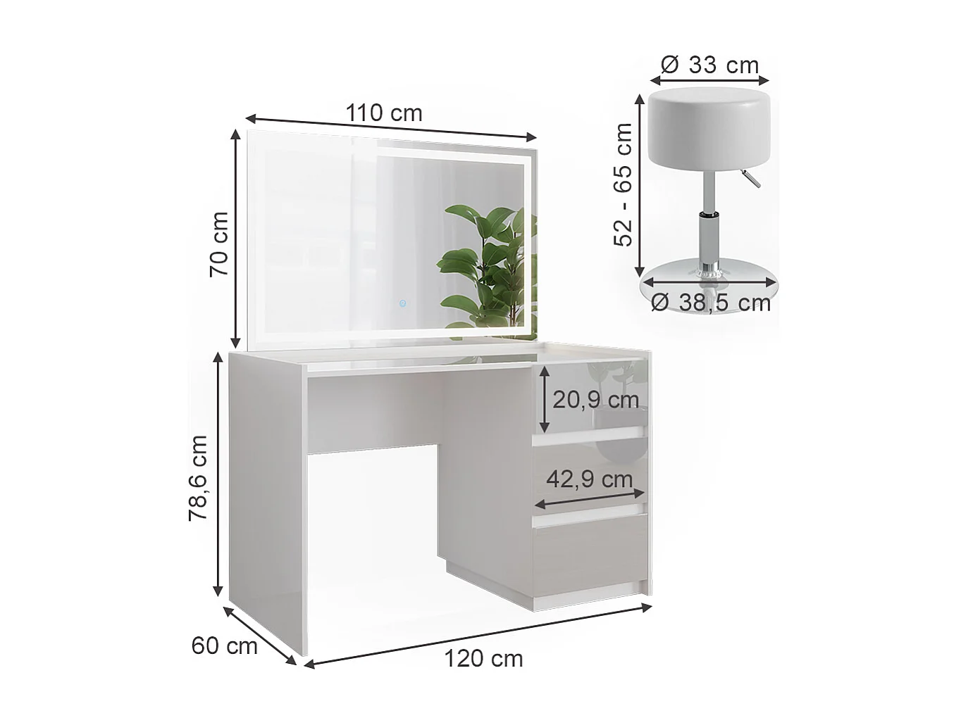 Coiffeuse blanc haute brillance 120x60x78.6 marla