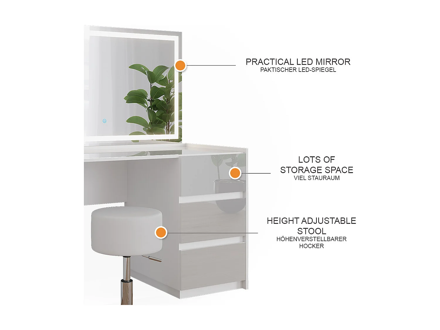 Dressing table white high gloss 120x60x78.6 marla