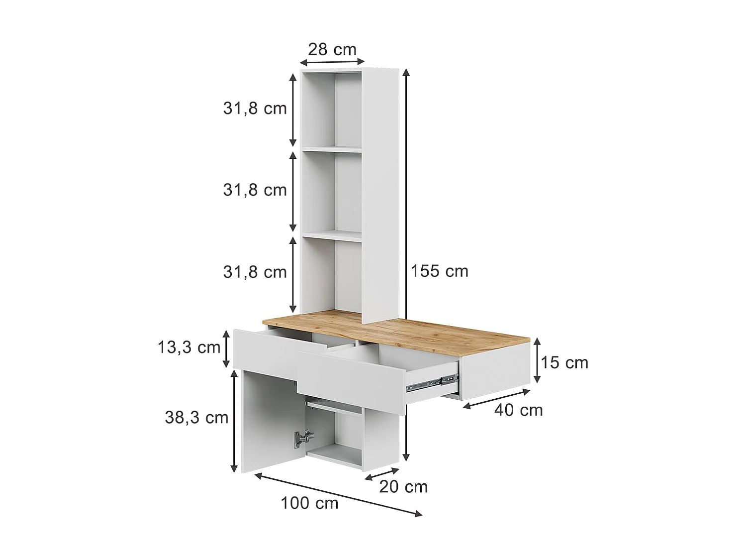 Coiffeuse blanc/chêne 100x40x155 melora