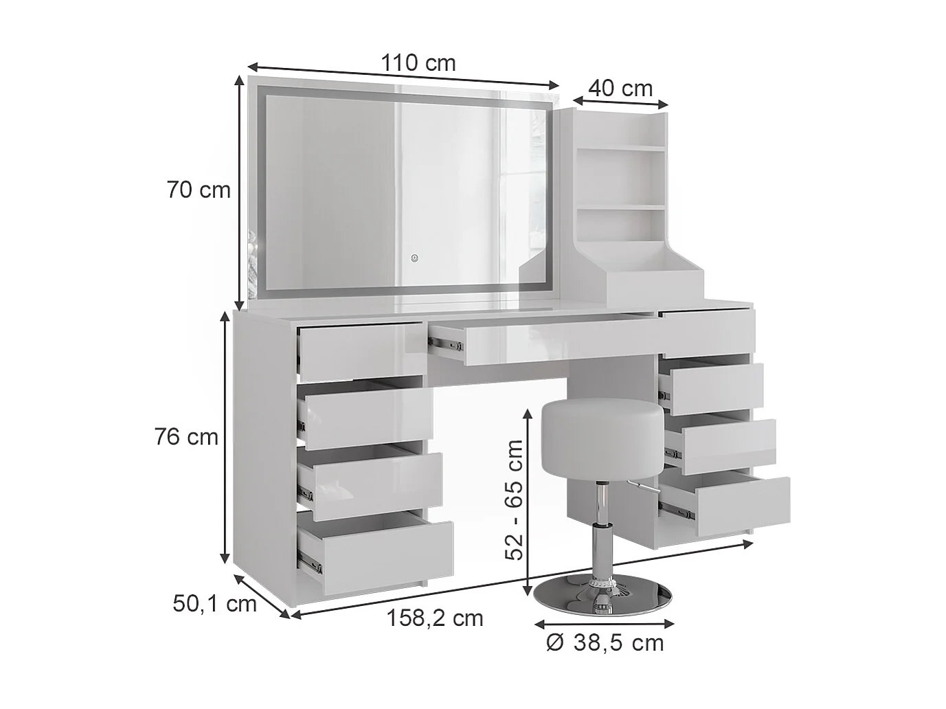 Vanity table white/white high gloss 158.2x50.1x76 sherry