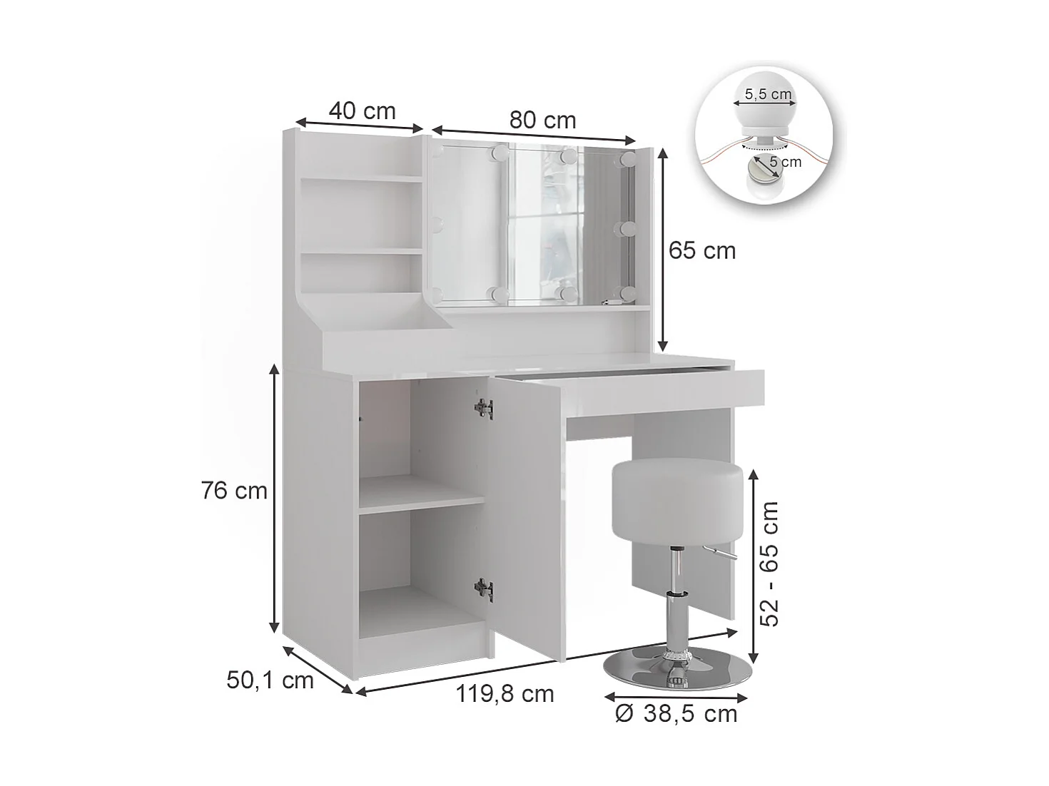 Stół do toalety biały/biały wysoki połysk 119.8x50.1x76 sherry