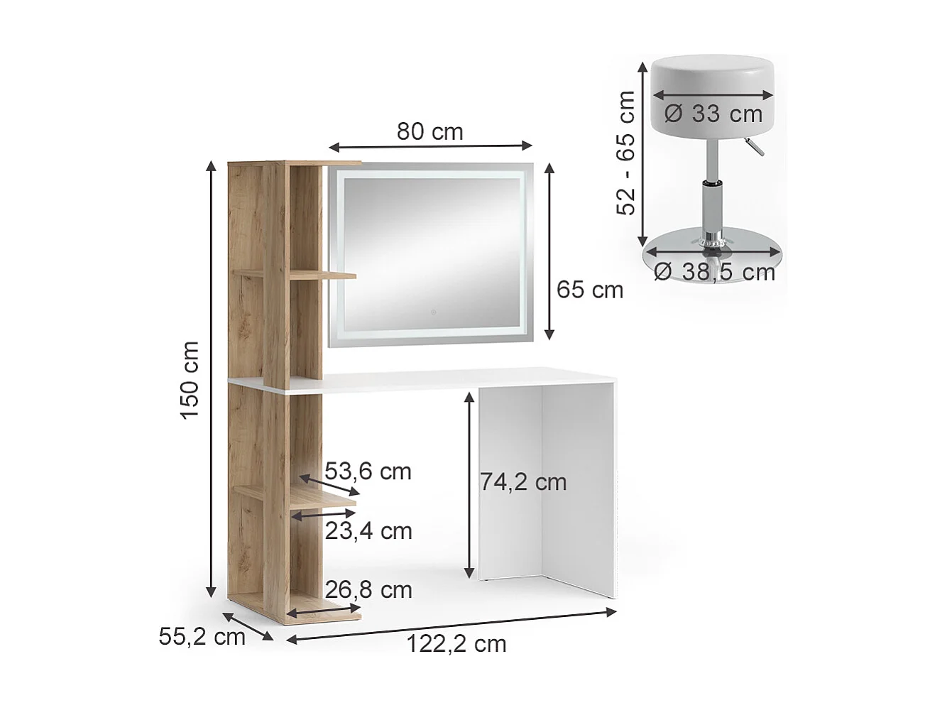 Makeupbord hvid/sonoma 122.2x55.2x75.8 tower