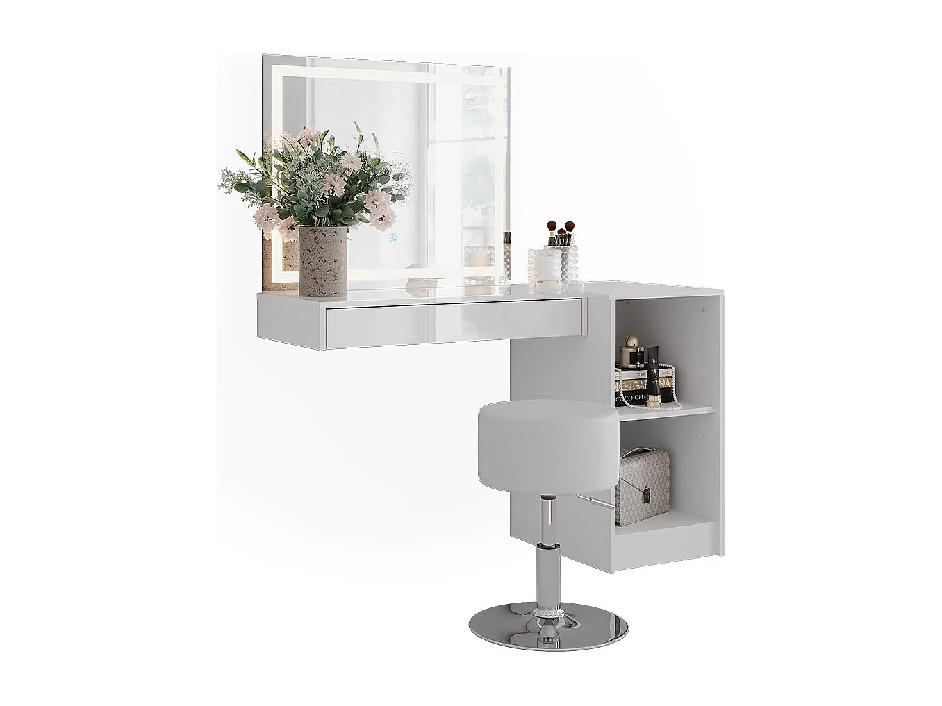 Kaptafel set met kruk wit/wit hoogglans 120x50.1x76 sherry