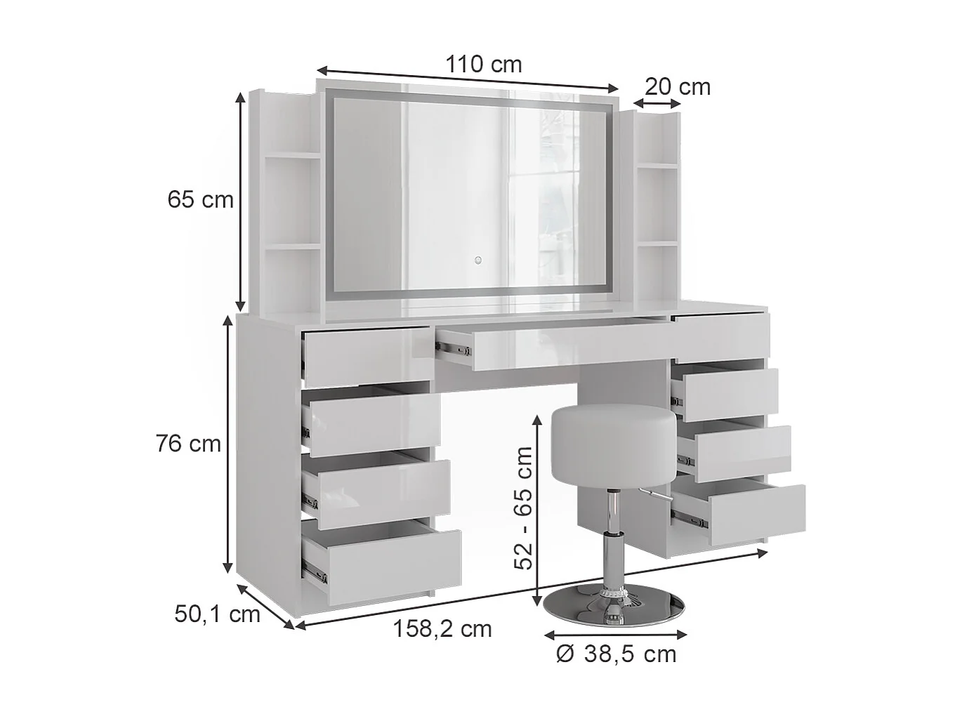 Kaptafel set met kruk wit/wit hoogglans 158.2x50.1x76 sherry