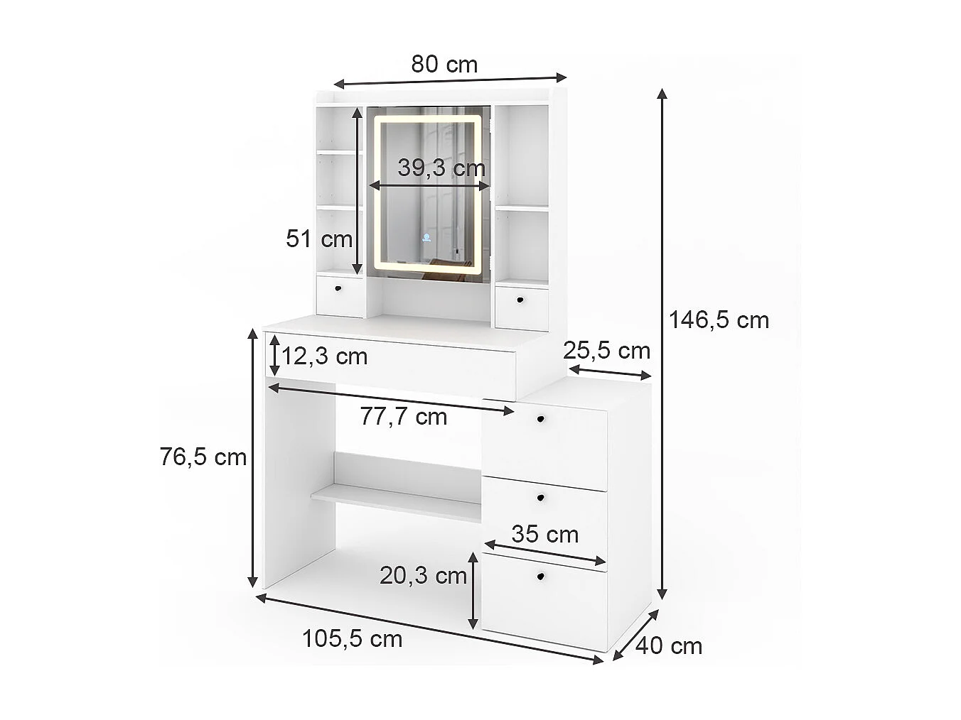 Frisørbord hvid 105.5x40x146.5 livora