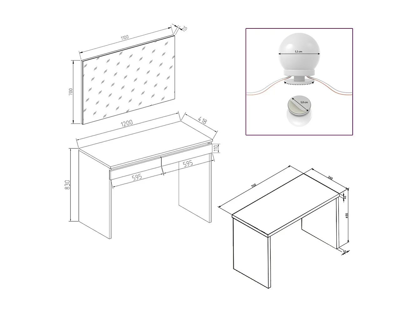 Coiffeuse blanc 120x41.8x83 emma