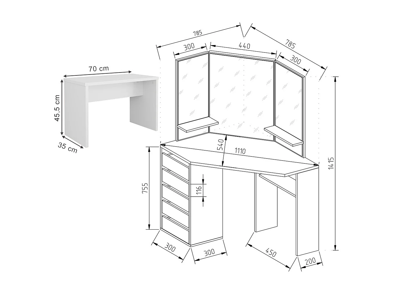 Tocador de esquina blanco 110x54x141.5 arielle