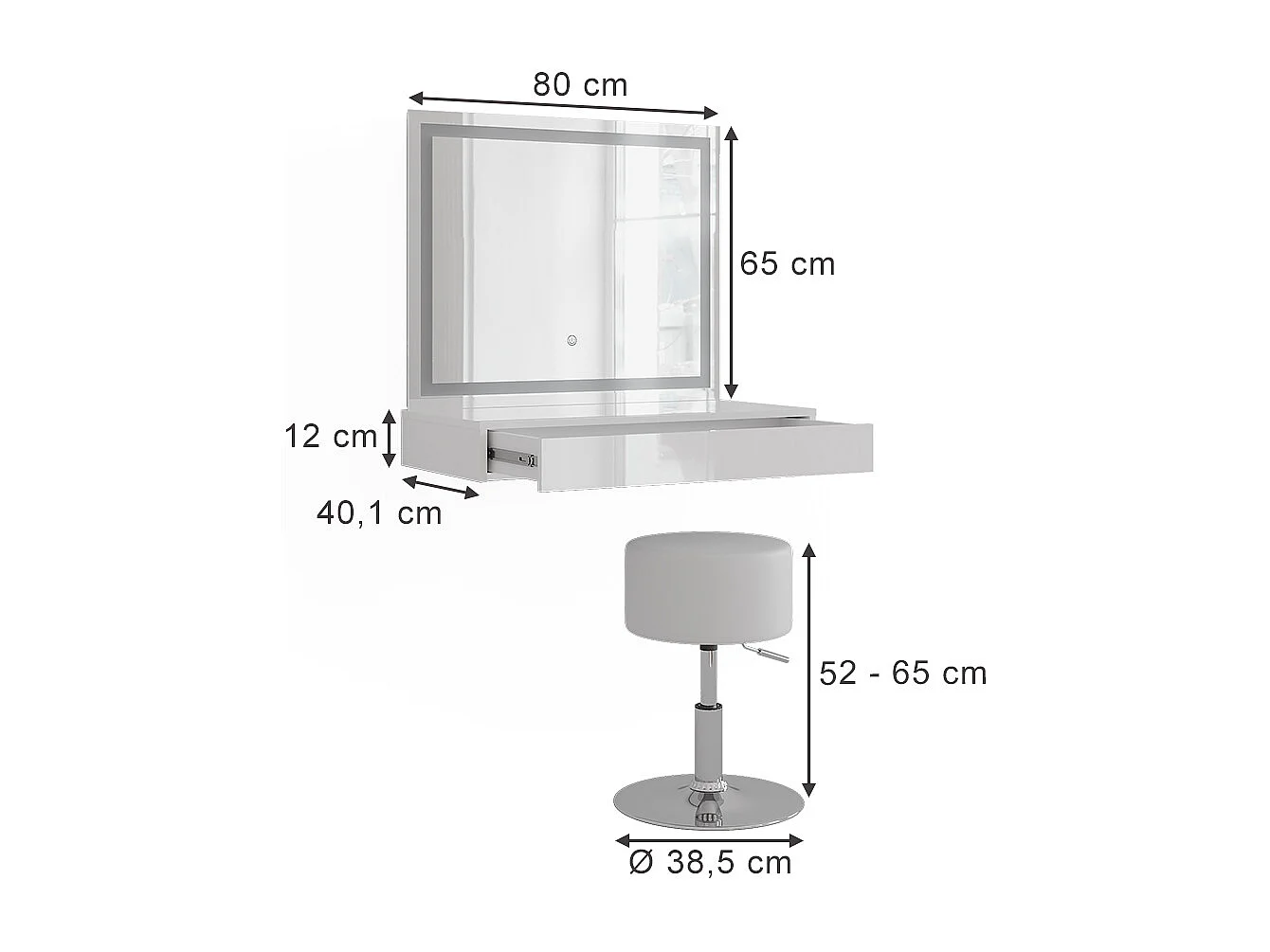 Kaptafel set met kruk wit/wit hoogglans 120x50.1x76 sherry