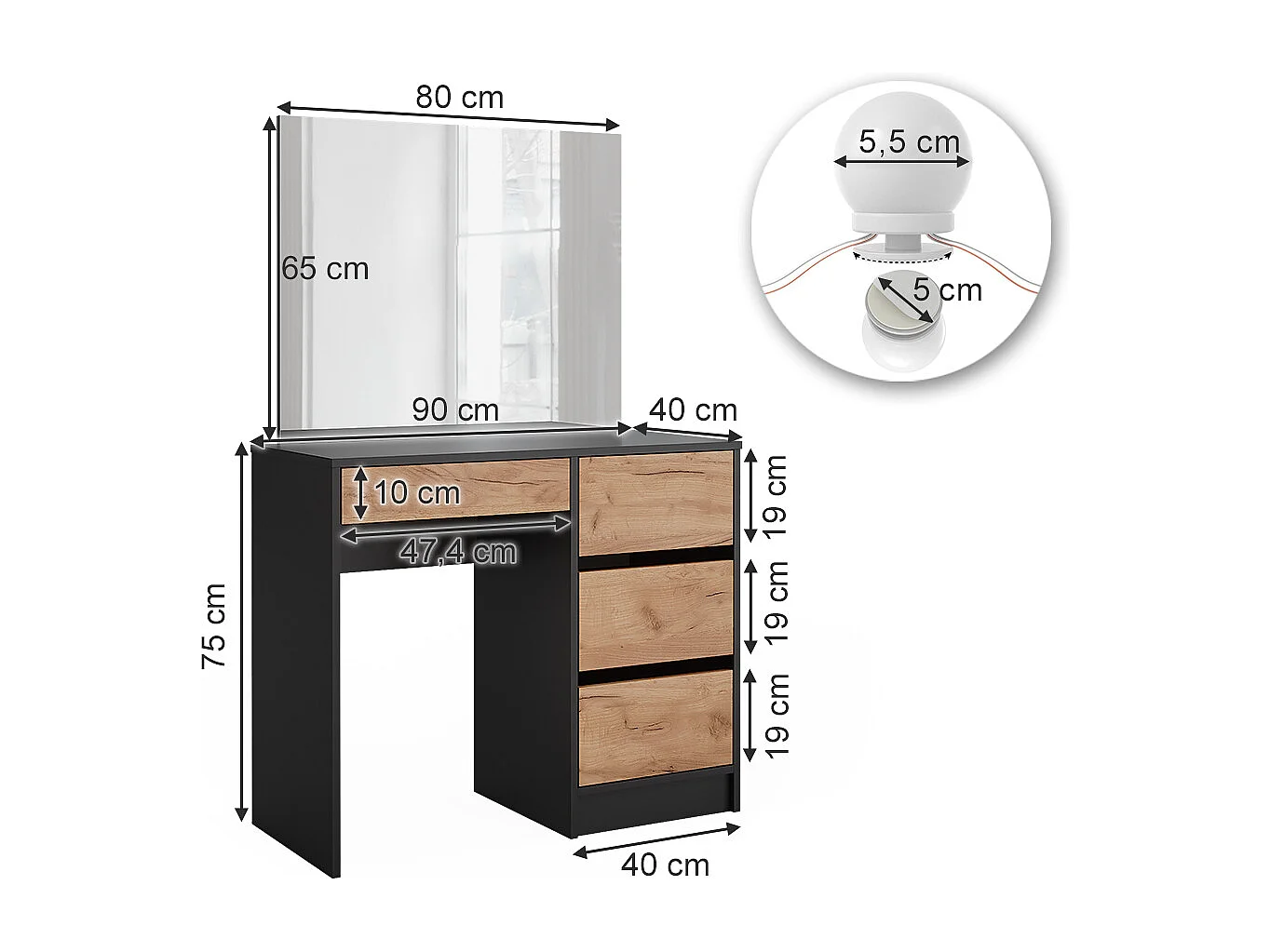Coiffeuse anthracite/chêne doré 90x40x75 sherry