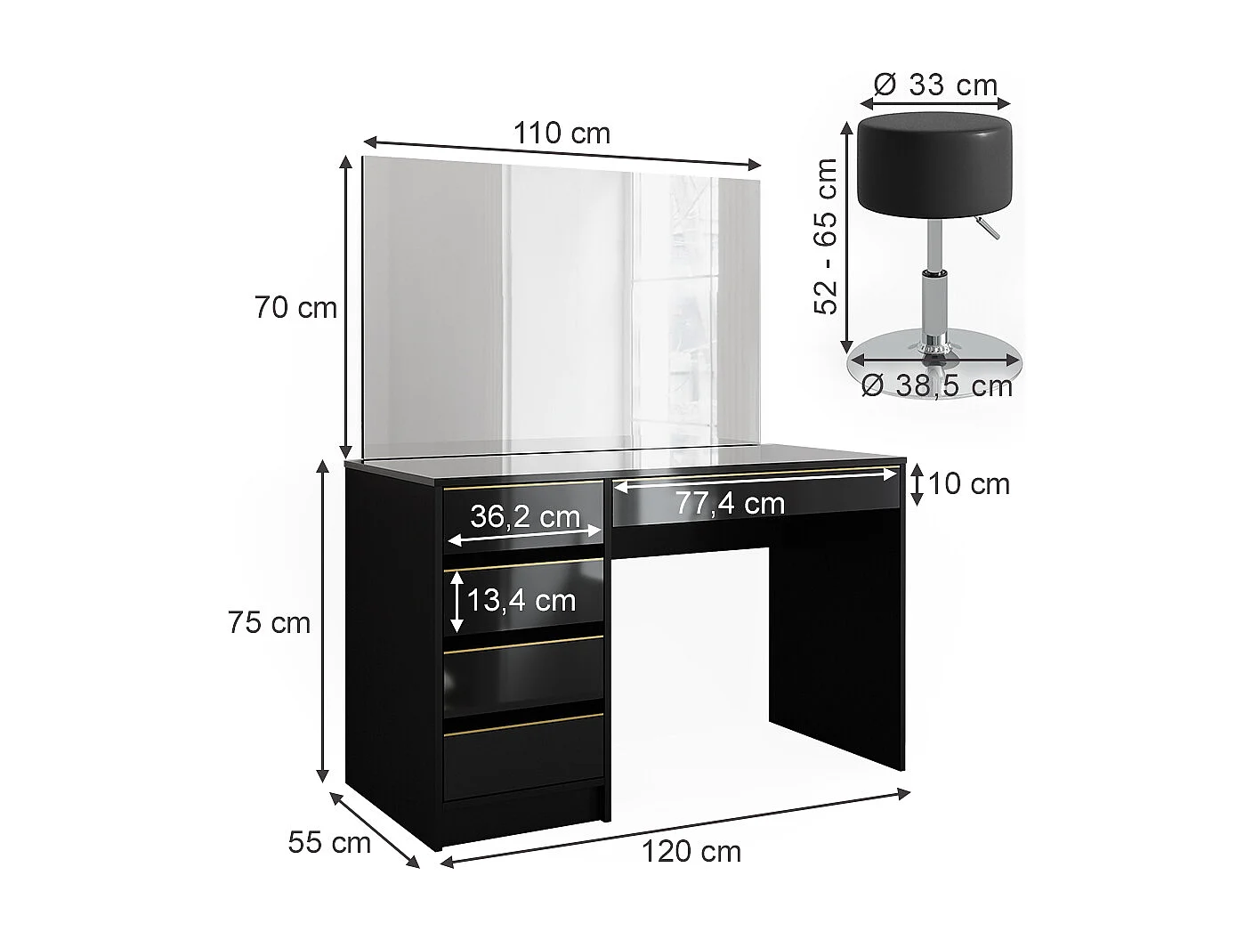 Coiffeuse noir/or 120x55x75 sherry
