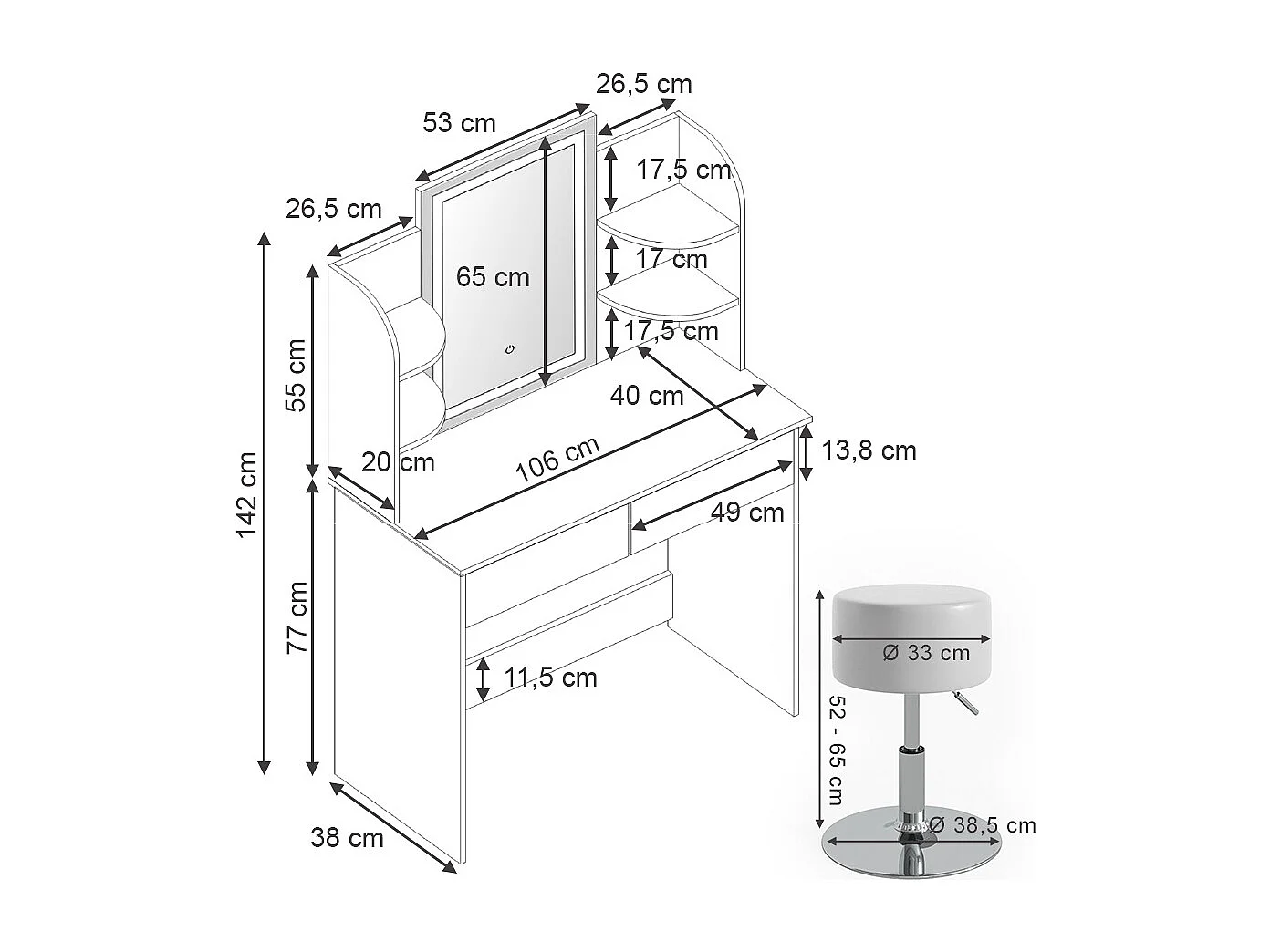 Schminktisch weiß 106x40x142 charlotte
