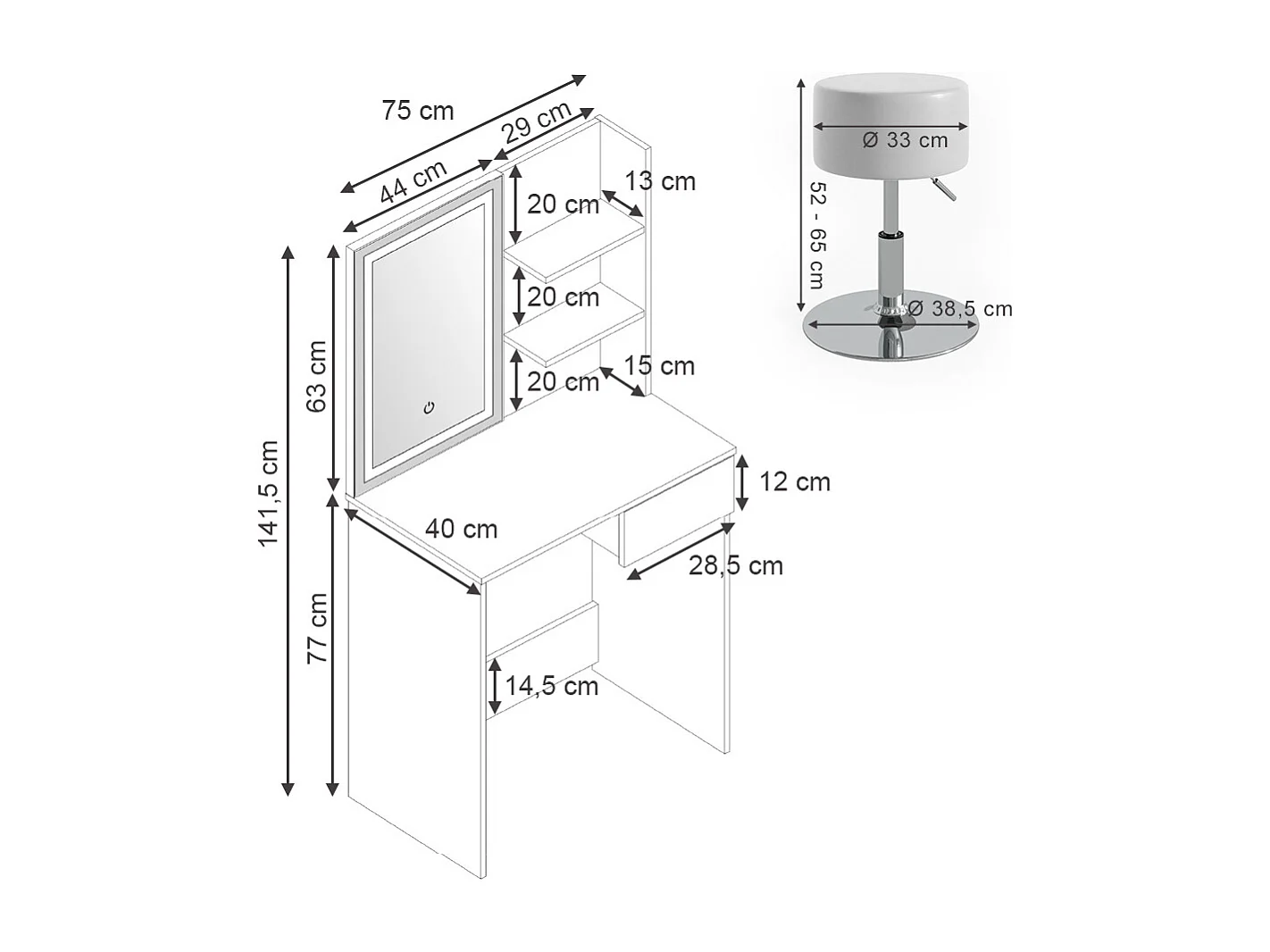 Coiffeuse blanc 75x40x141 dekos