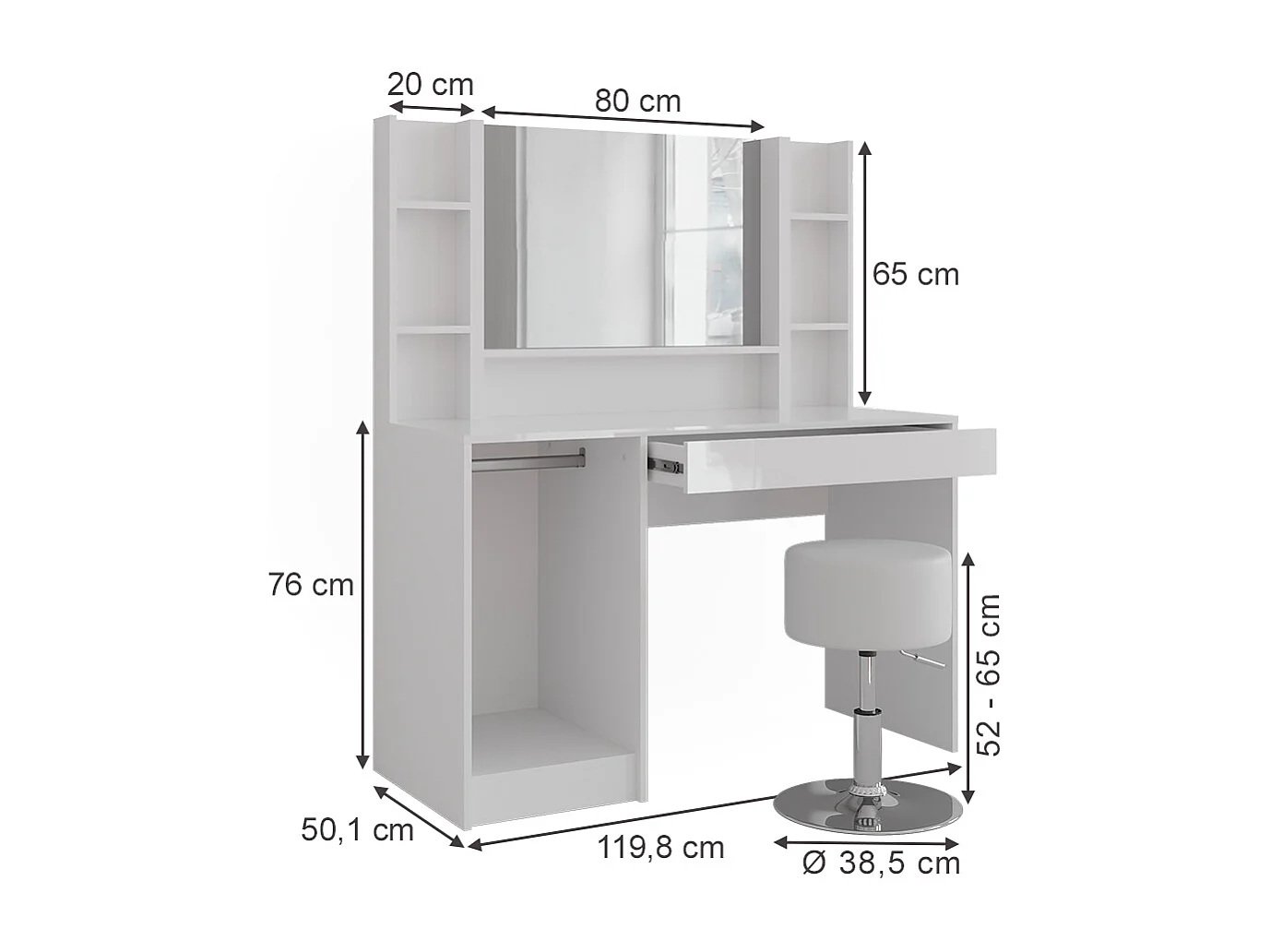 Stół toaletowy biały/biały wysoki połysk 119.8x50.1x76 sherry