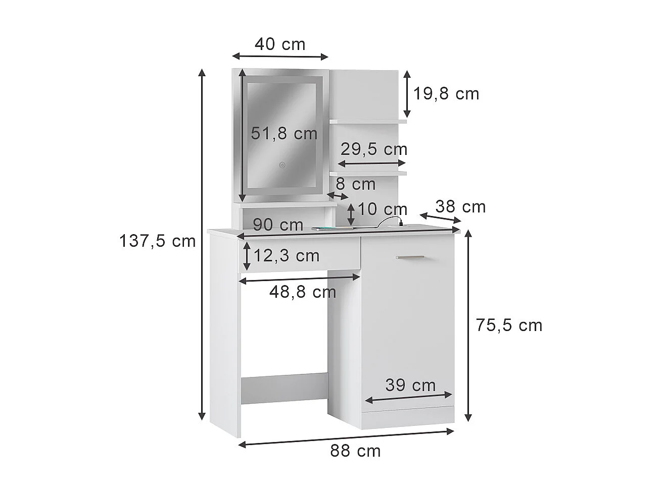 Coiffeuse blanc 90x38x137.5 julia