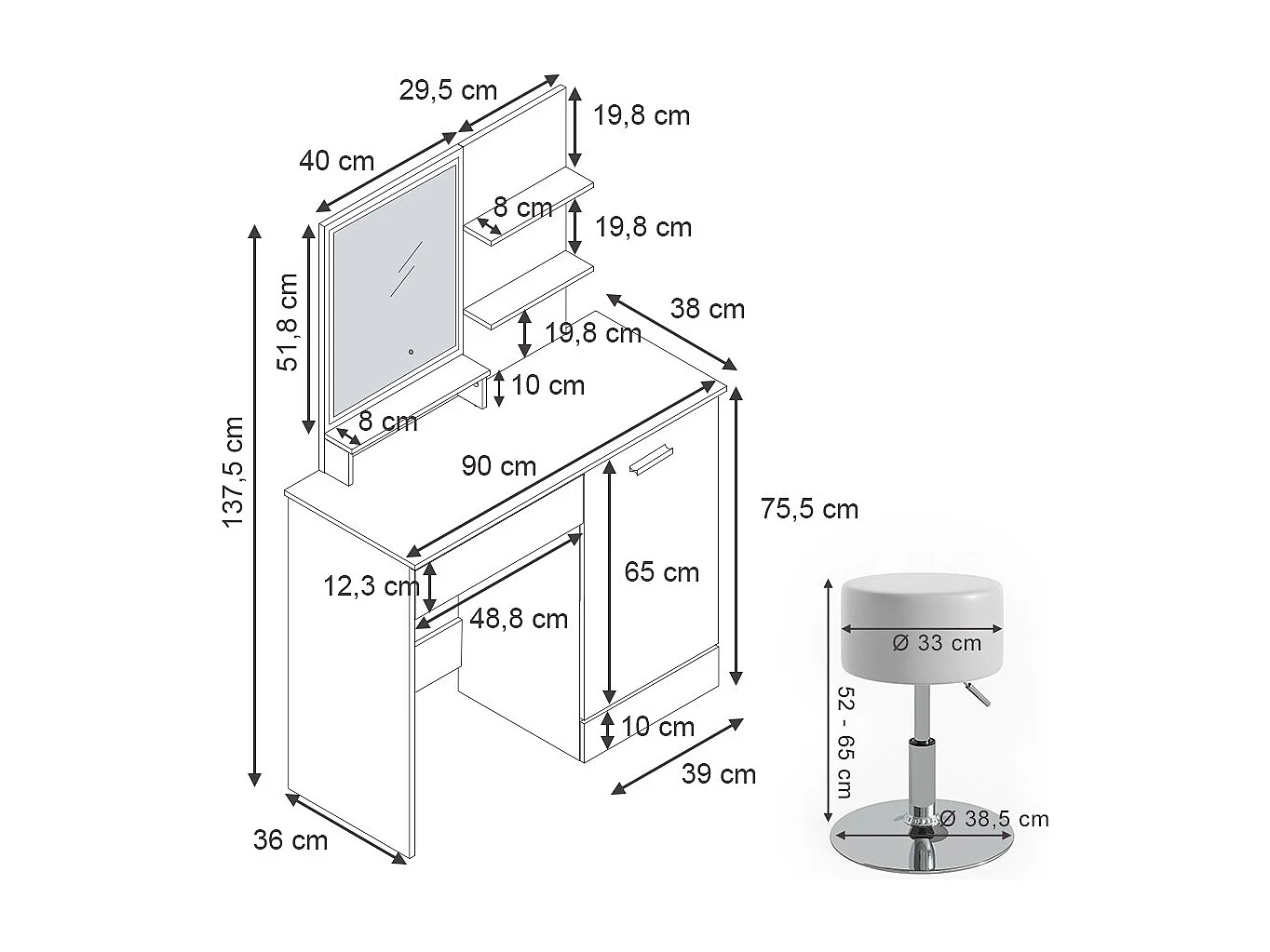 Coiffeuse blanc 90x38x137.5 julia