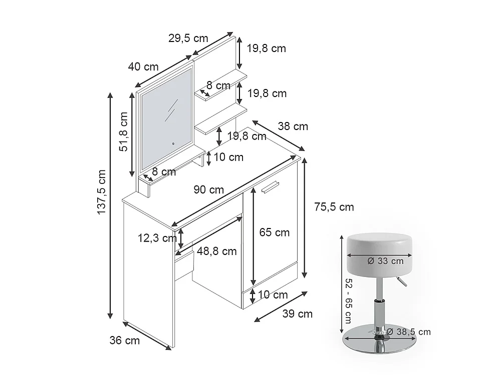 Coiffeuse blanc 90x38x137.5 julia