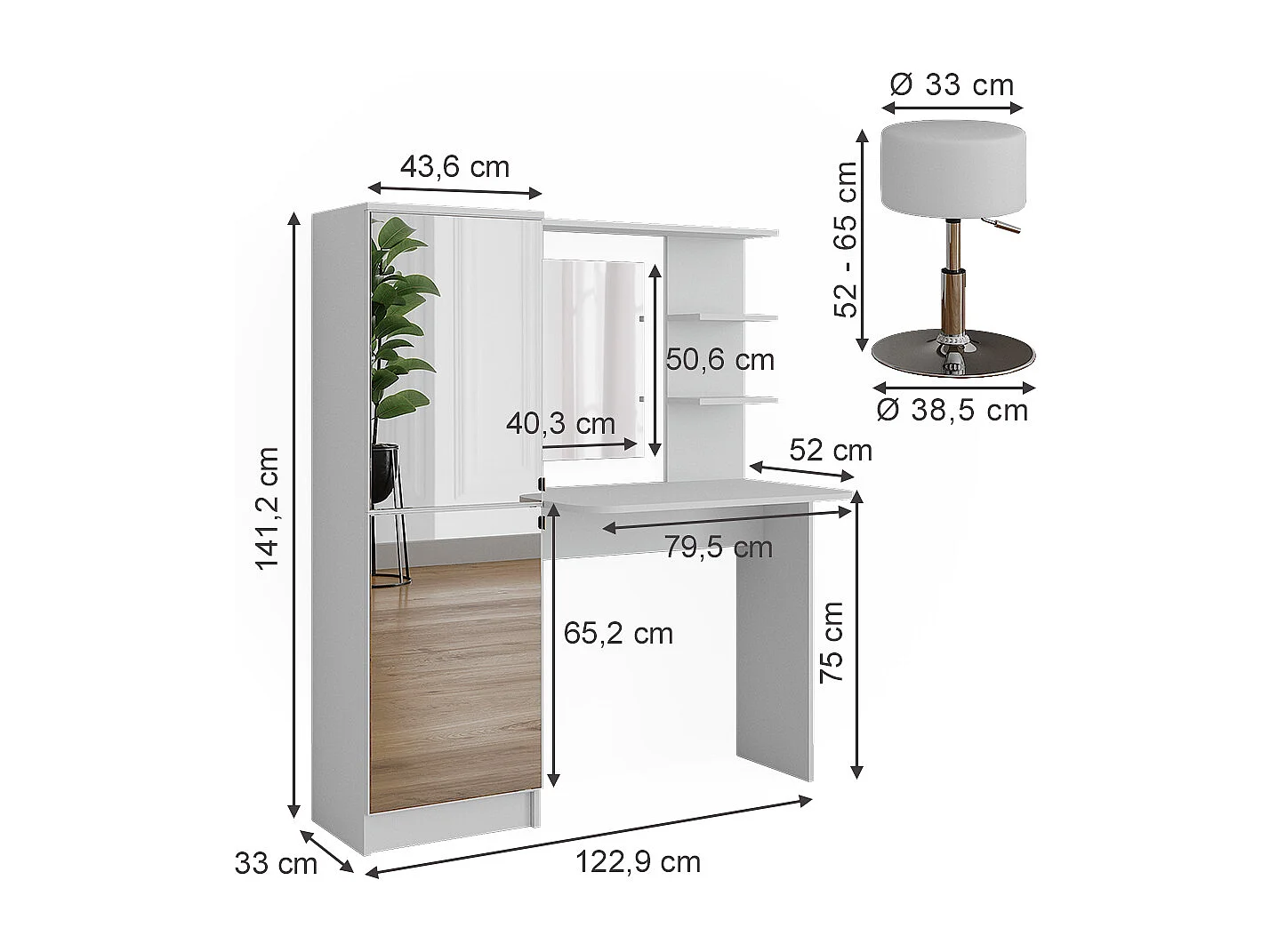 Frisørbord  hvid 123x33x141.2 jasmin