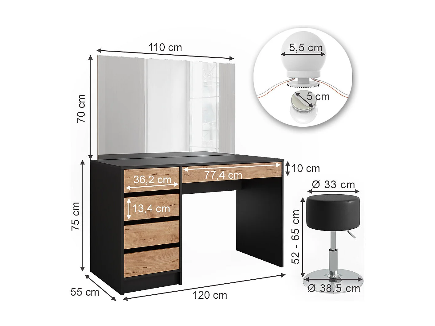 Dressing table anthracite/golden oak 120x55x75 sherry