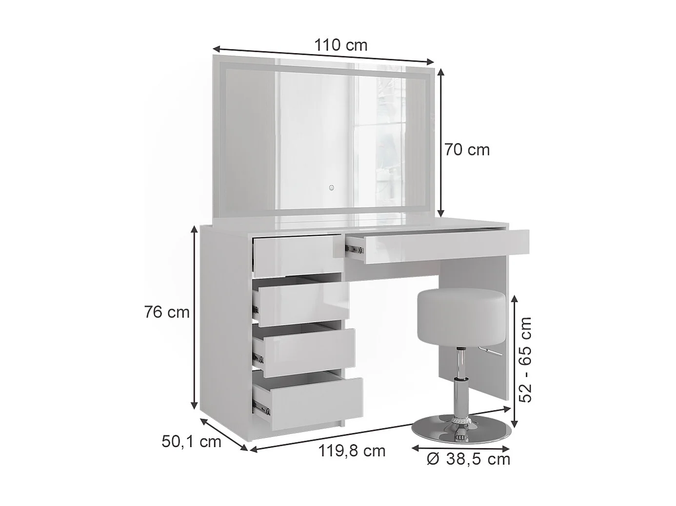 Vanity table white/white high gloss 119.8x50.1x76 sherry