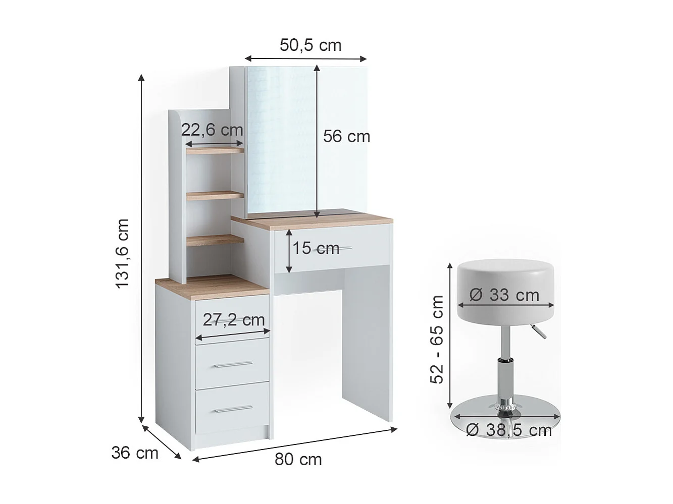 Tavolo da toeletta bianco/sonoma 36x80x131.6 conrada