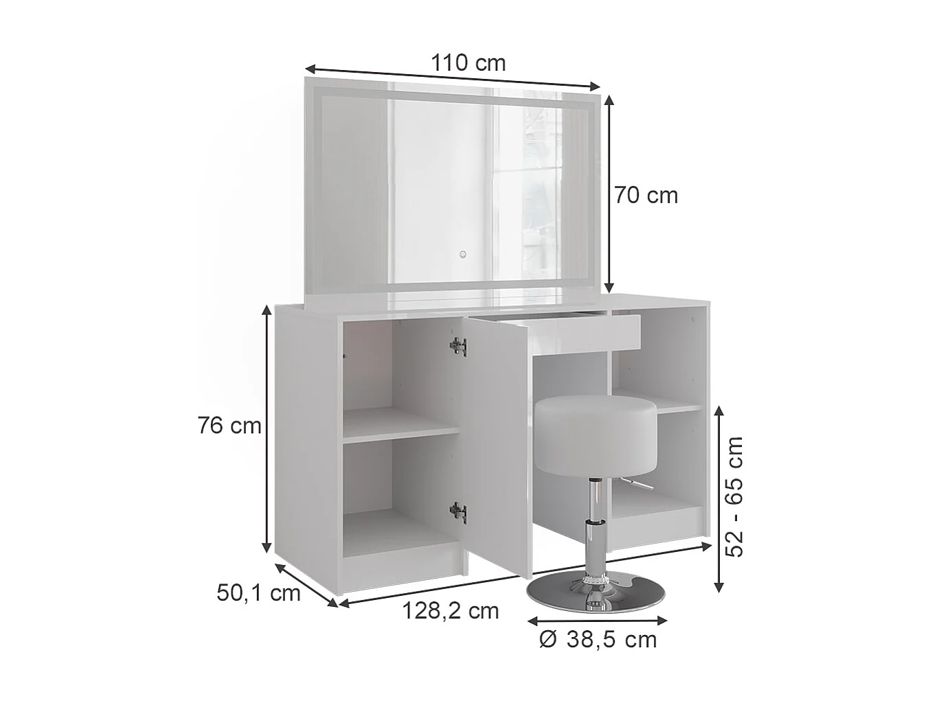 Schminktisch weiß/weiß hochglanz 128.2x50.1x76 sherry