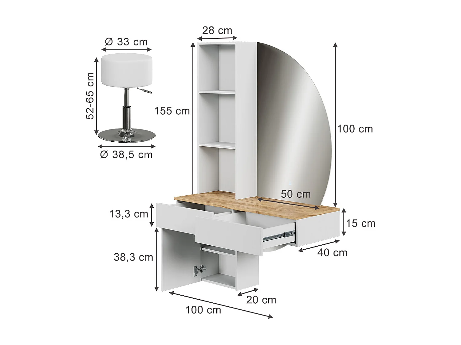 Tocador blanco/roble 100x40x155 melora