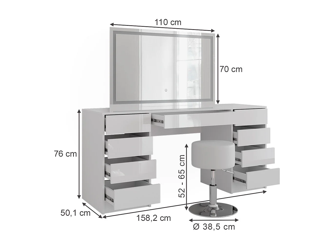 Tocador blanco/blanco alto brillo 158.2x50.1x76 sherry