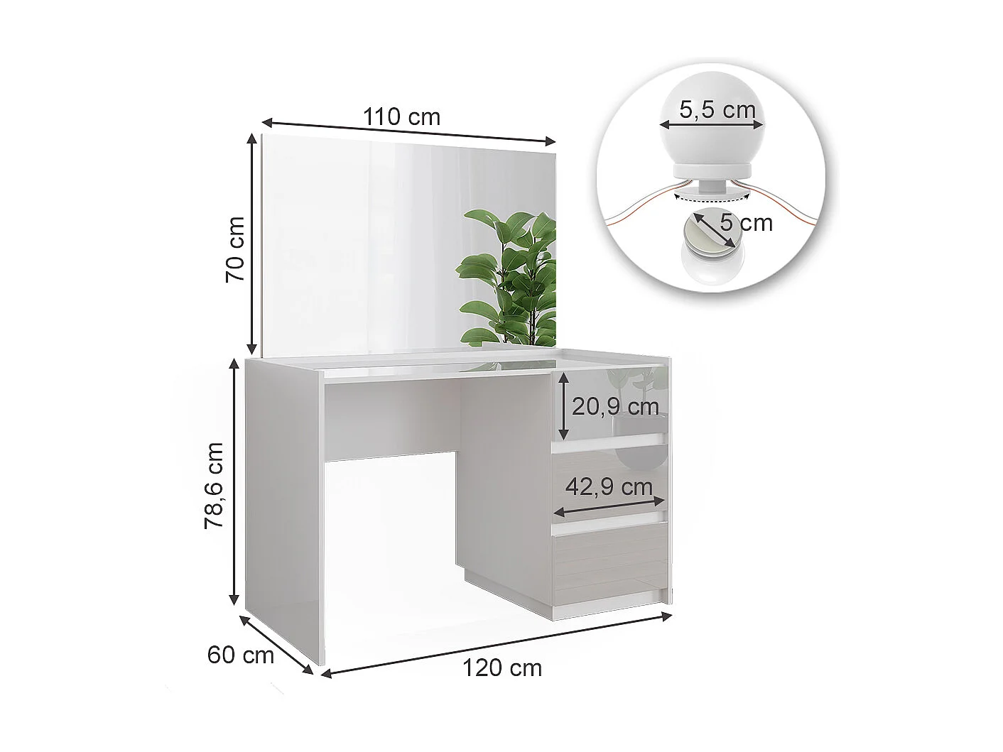 Coiffeuse blanc haute brillance 120x60x78.6 marla