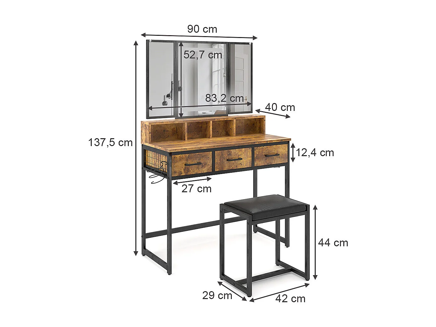 Schminktisch eiche rustikal 90x40x137.5 fyrk