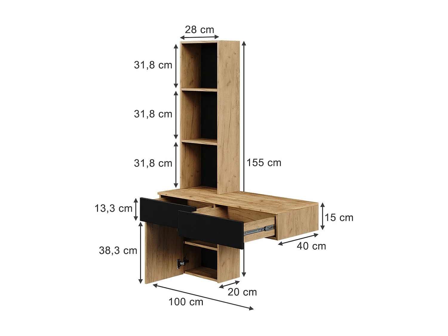 Coiffeuse chêne/noir 100x40x155 melora