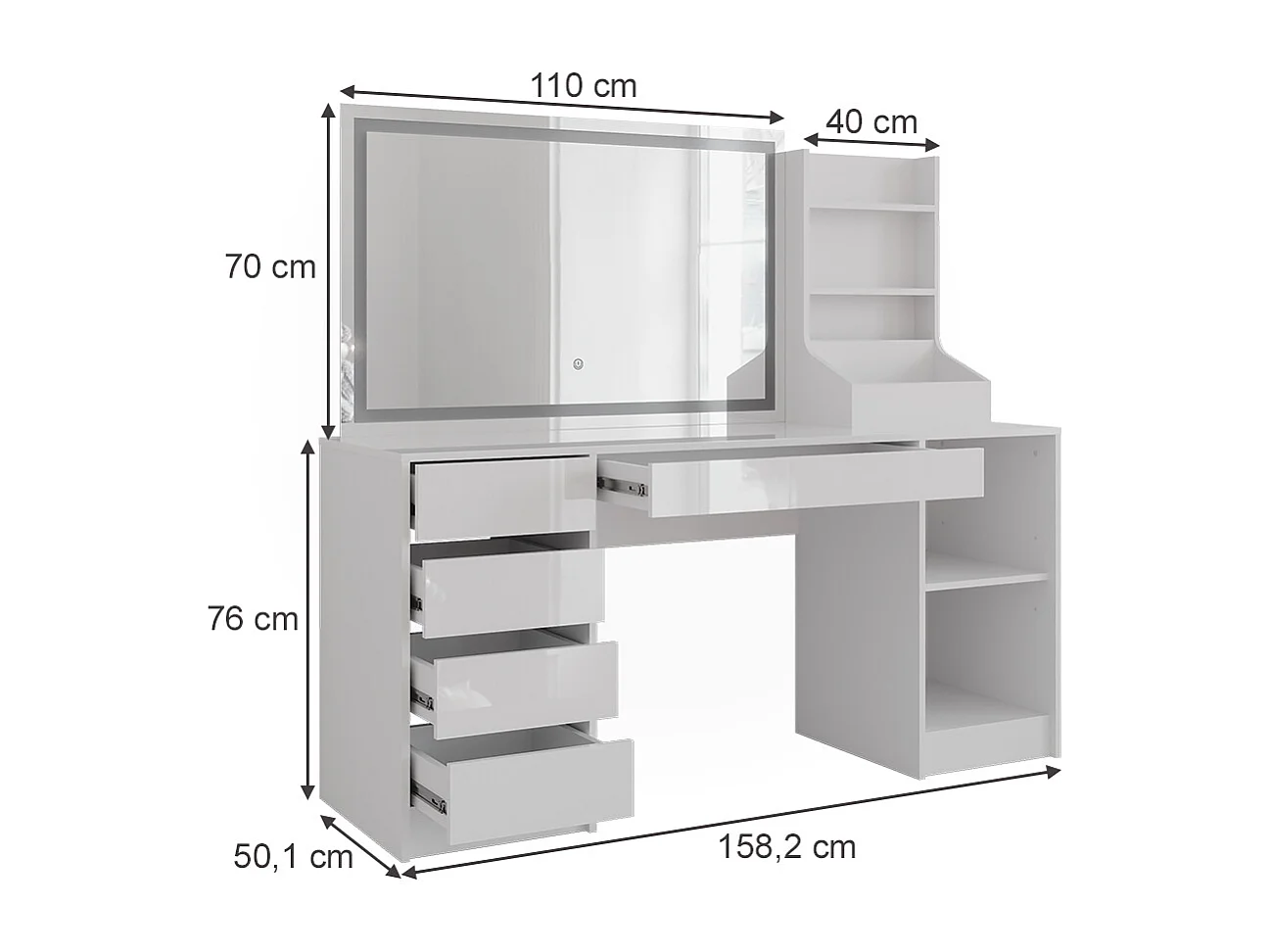 Schminktisch weiß/weiß hochglanz 158.2x50.1x76 sherry
