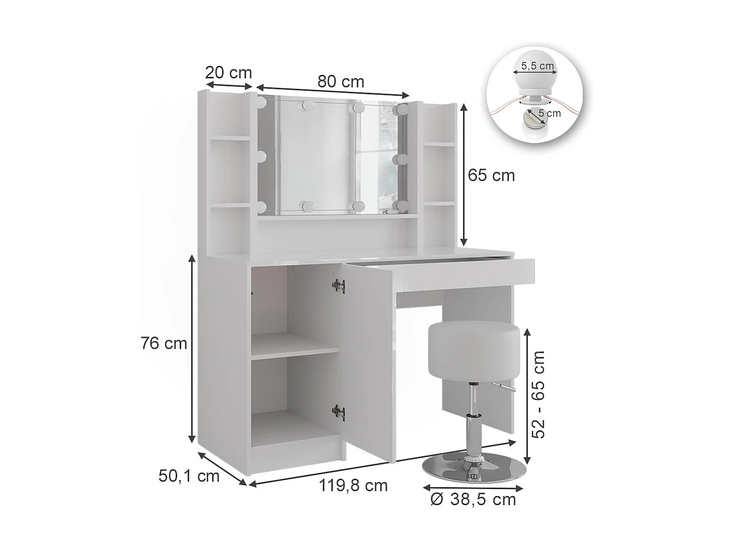 Schminktisch weiß/weiß hochglanz 119.8x50.1x76 sherry