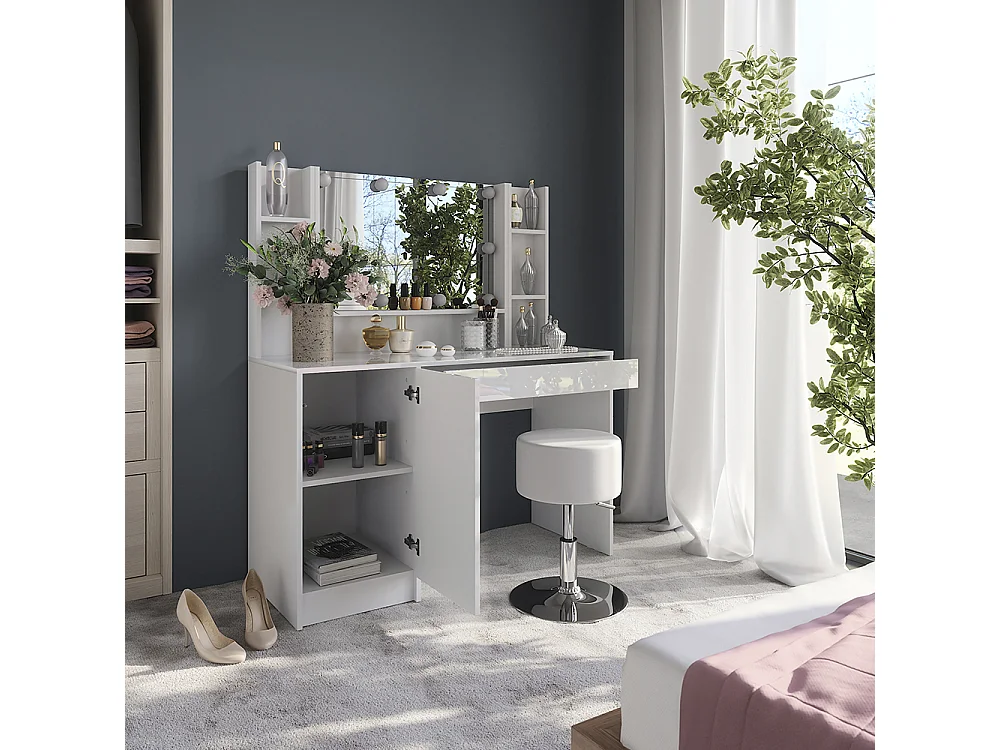 Kaptafel set met kruk wit/wit hoogglans 119.8x50.1x76 sherry