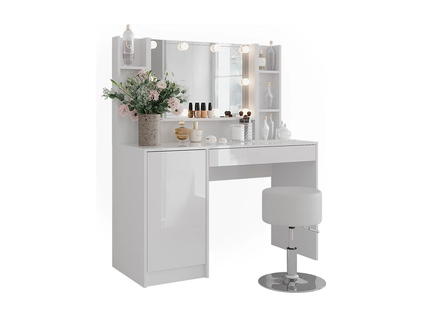 Kaptafel set met kruk wit/wit hoogglans 119.8x50.1x76 sherry