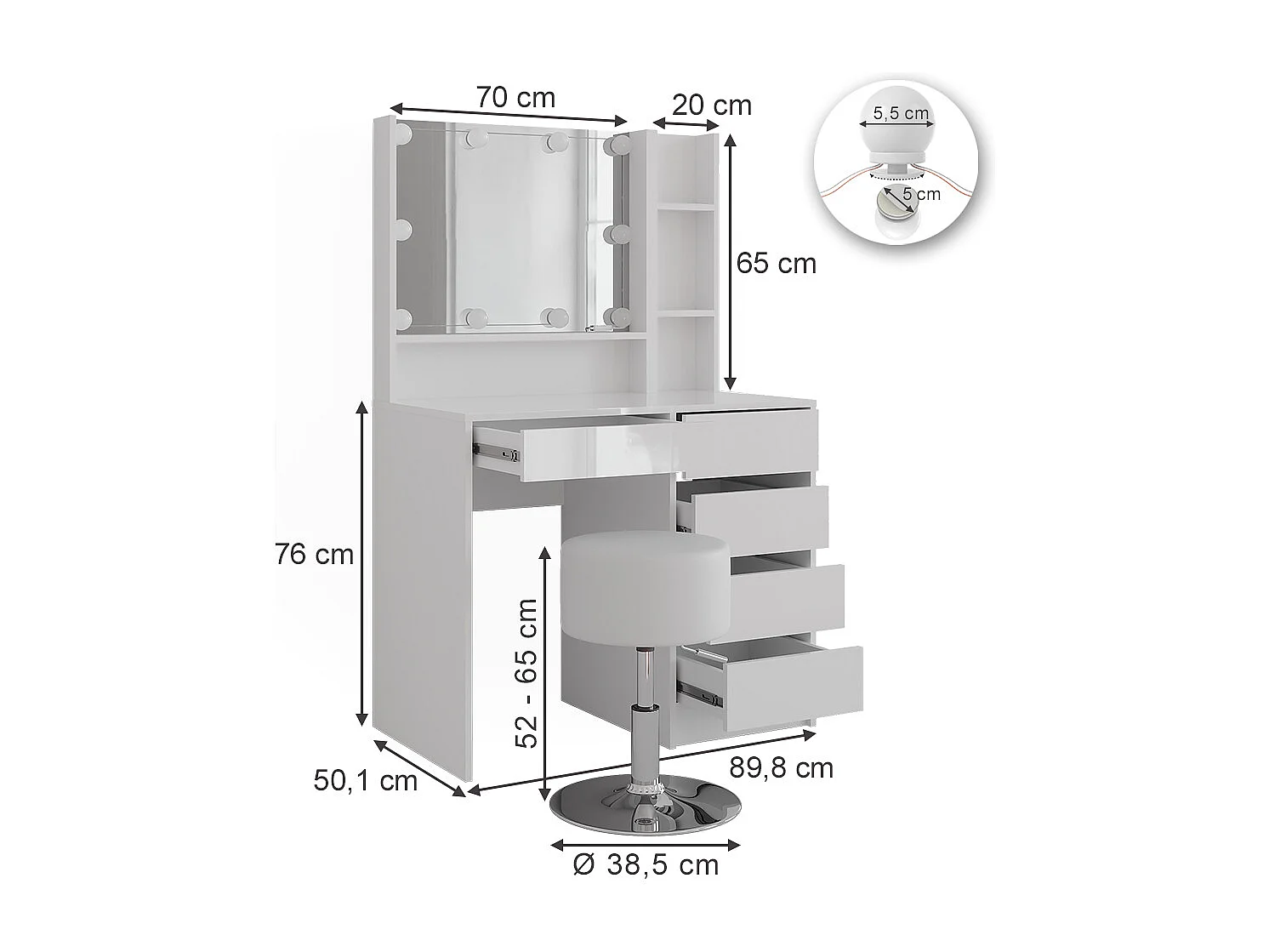 Kaptafel set met kruk wit/wit hoogglans 89.8x50.1x76 sherry