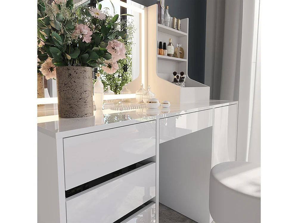 Kaptafel set met kruk wit/wit hoogglans 128.2x50.1x76 sherry