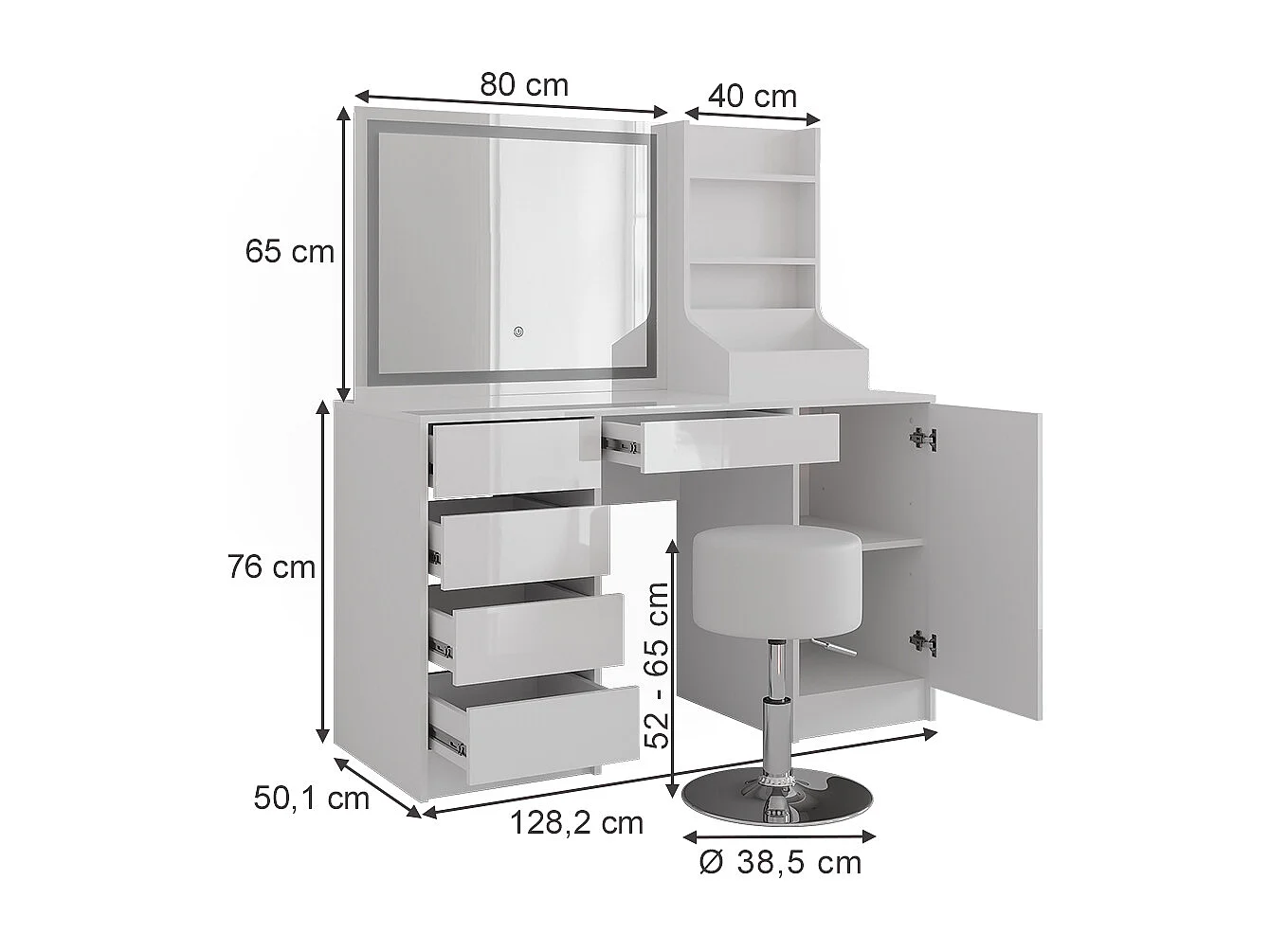 Kaptafel set met kruk wit/wit hoogglans 128.2x50.1x76 sherry