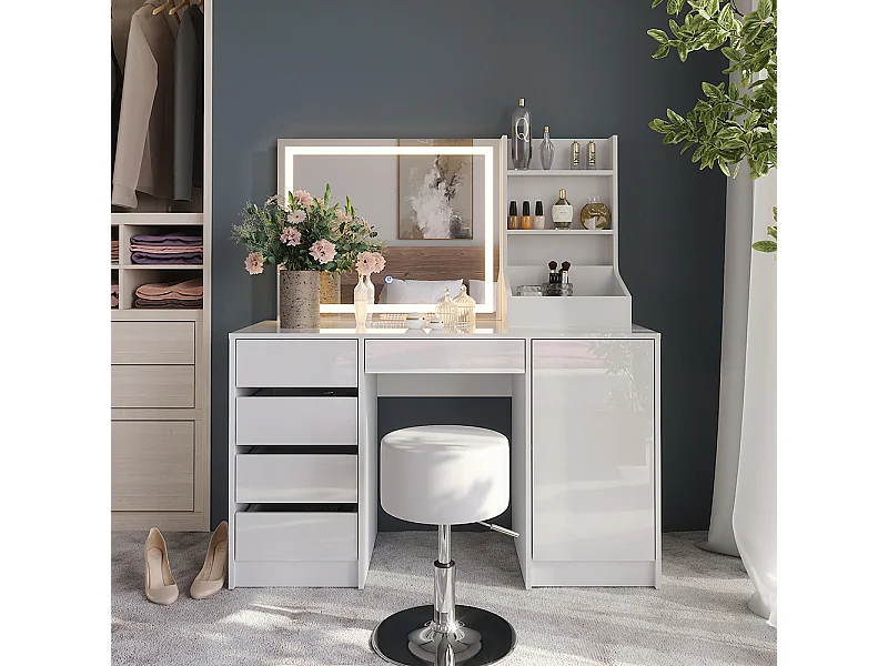 Kaptafel set met kruk wit/wit hoogglans 128.2x50.1x76 sherry