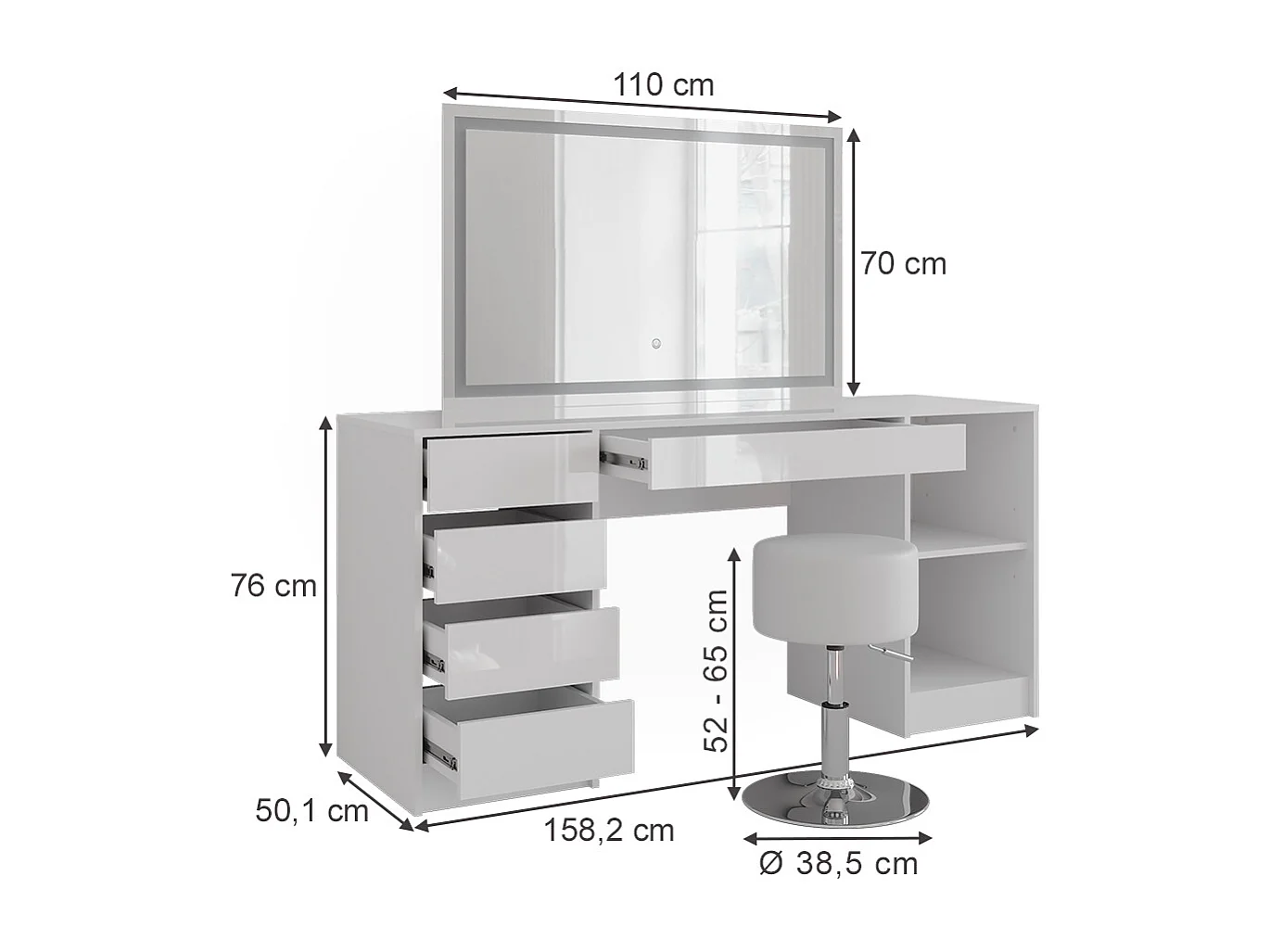 Penteadeira branco/branco brilhante 158.2x50.1x76 sherry