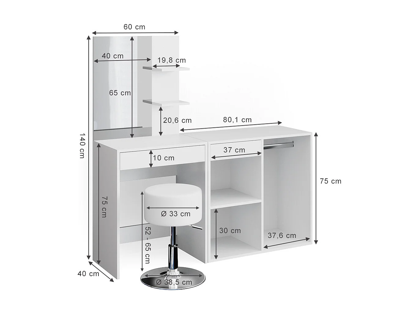 Tavolo da toeletta bianco 140x40x140 isabelle