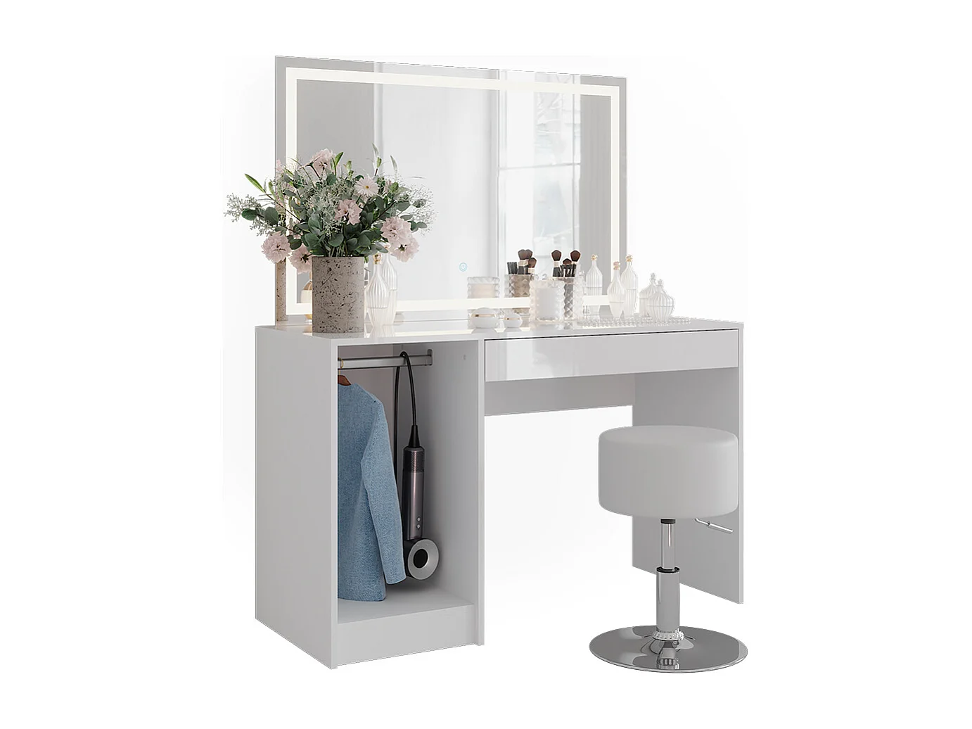 Kaptafel set met kruk wit/wit hoogglans 119.8x50.1x76 sherry